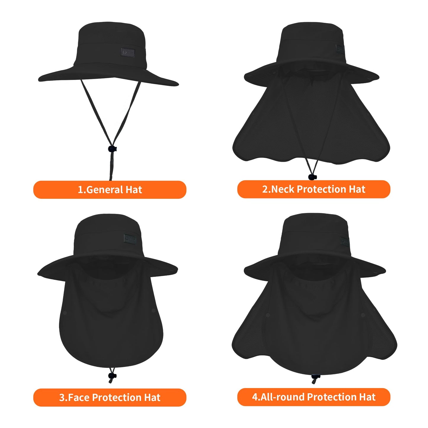 Sukeen Fishing Hat for Men Women, Wide Brim Outdoor UPF 50+ Sun Protection with Detachable Neck Flap and Face Mask (Black)