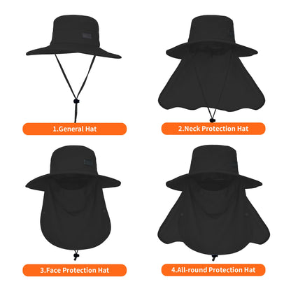 Sukeen Fishing Hat for Men Women, Wide Brim Outdoor UPF 50+ Sun Protection with Detachable Neck Flap and Face Mask (Black)