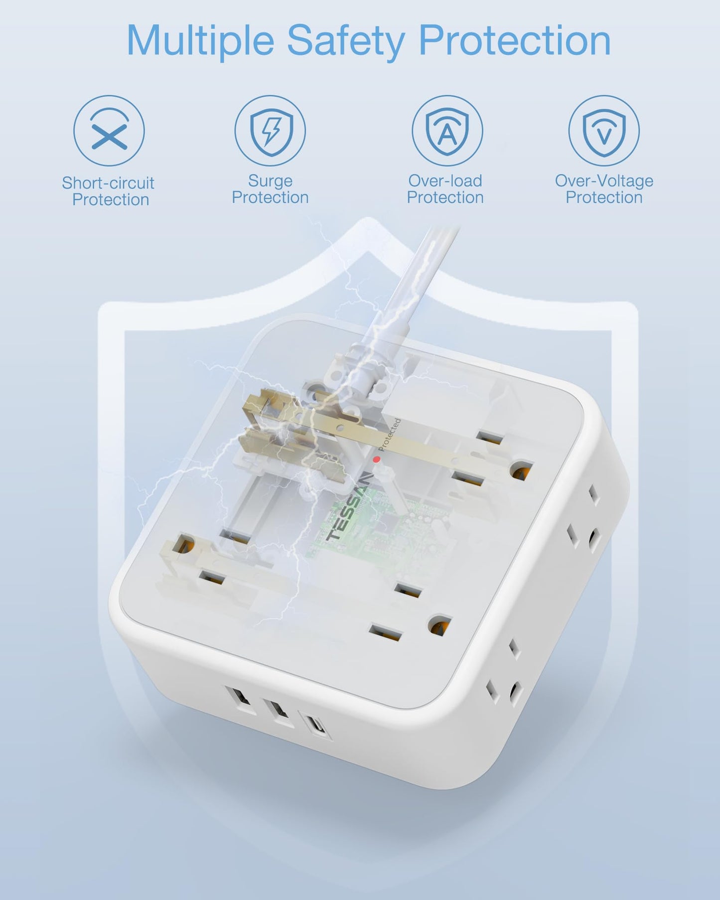 Surge Protector Flat Extension Cord Flat Plug Power Strip, 8 AC Outlets, 3 USB Charger(1 USB C Port) 3-Sided Outlet Extender, 5 Ft, 900 Joules Protection, Office Supplies, Dorm Room Essentials, Grey