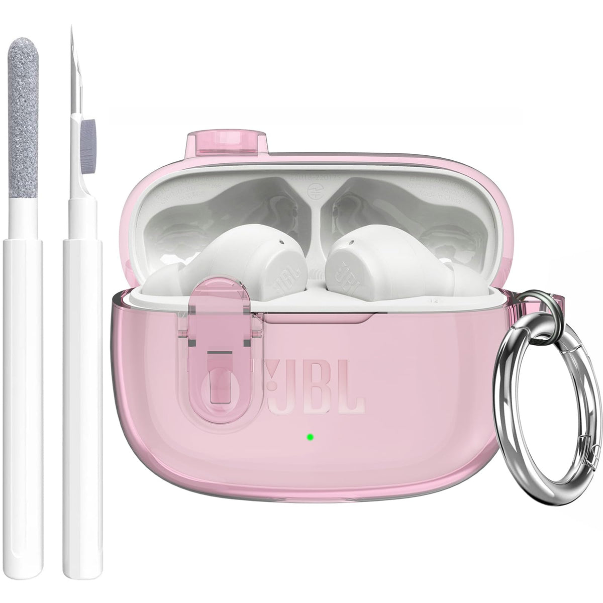Compatible with JBL Vibe 200TWS/JBL Vibe Beam/Beam 2 Case Cover Clear Lock Clip with Cleaner Kit, Transparent TPU Protective Cover Men Women with Carabiner for JBL Vibe Beam 2 Charging Case - Pink