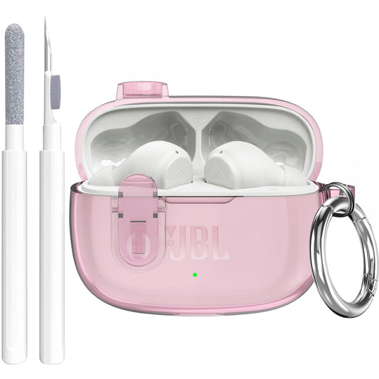 Compatible with JBL Vibe 200TWS/JBL Vibe Beam/Beam 2 Case Cover Clear Lock Clip with Cleaner Kit, Transparent TPU Protective Cover Men Women with Carabiner for JBL Vibe Beam 2 Charging Case - Pink