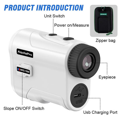 AquilaPro NKG Golf Rangefinder with Slope, 1000 Yards, Rangefinder Golf, 0.5 Yard Accuracy, 7X Magnification, Flag Lock Vibration, Rechargeable Golf Range Finder