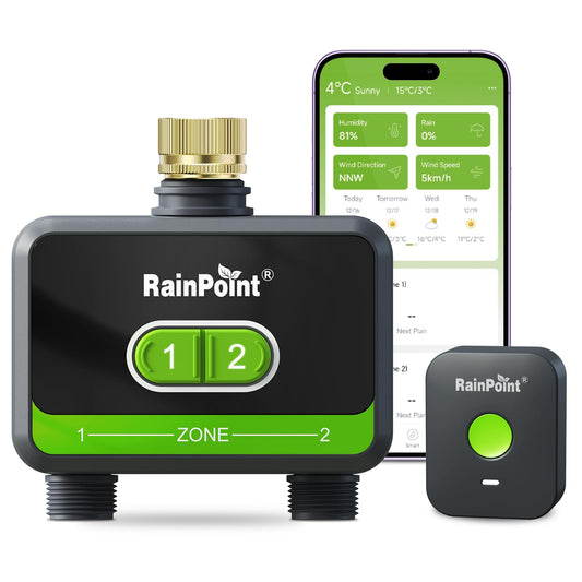 RainPoint WiFi Water Timer for Garden Hose with Brass Inlet, 2-Zone Smart Hose Timer, WiFi Irrigation Controller, Automatic Sprinkler Watering System for Lawns and Yard