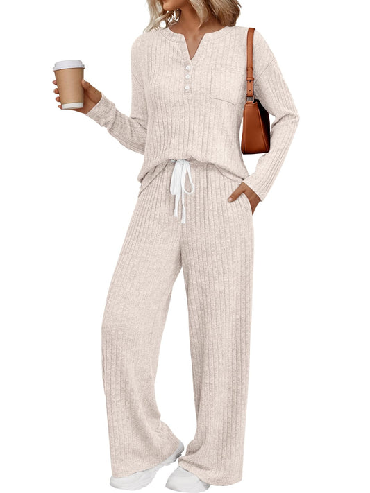 LILLUSORY Womens 2 Piece Lounge Sets Matching Airport Travel Outfits 2026 Spring Clothing Fall Pajamas Sweat Suits Pockets Apricot M