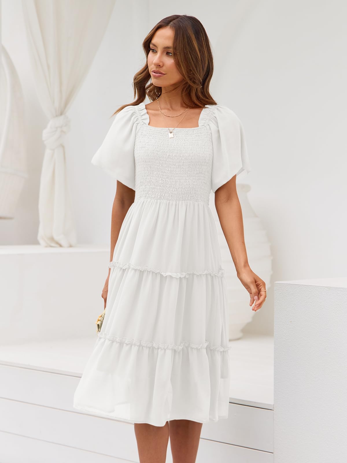 LILLUSORY Women Dresses Spring Summer 2026 Midi Graduation Bridal Baby Shower Casual Flowy Boho Sun Sundress Bridesmaid Brunch Cute Ladies Vacation Beach Smocked Teacher Clothes Outfits White XL