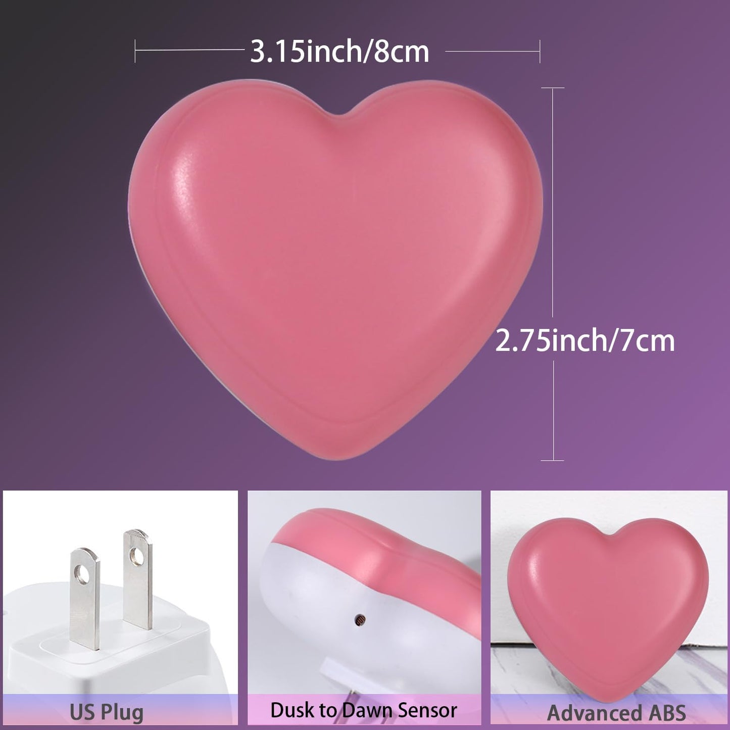 INZU Cute Night Light, Heart Night Light for Kids, LED Nightlight with Auto Dusk to Dawn Sensor, Nightlight Plug into Wall with Soft Warm Light for Bedroom, Nursery, Bathroom, Hallway (Pink 2Pack)