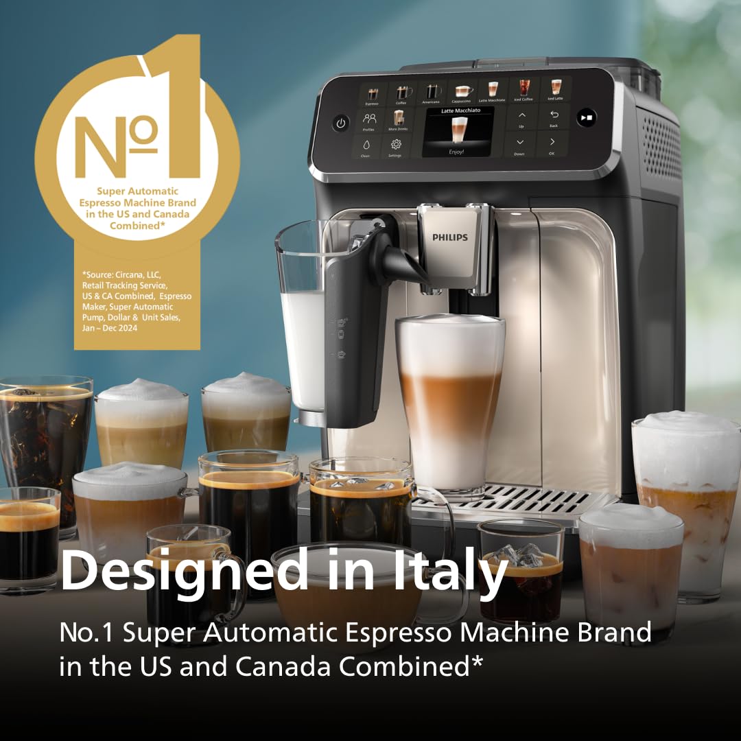 PHILIPS 5500 Series Fully Automatic Espresso Machine, LatteGo Milk System, Integrated Grinder, 20 Hot & Iced Coffee Pre-Sets, Quick Start, SilentBrew, 15-Bar Pressure, Black Chrome (EP5544/94)