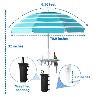 Beach Umbrella - Beach Umbrella for Sand Wind Portable with Tilt Pole, 6.56 FT Arc Length 5.9 FT Diameter, Heavy Duty Wind Resistant Striped Large Umbrellas, UV 50+ Parasol with Anchor Screw Adjustable Height and Foldable Table Board