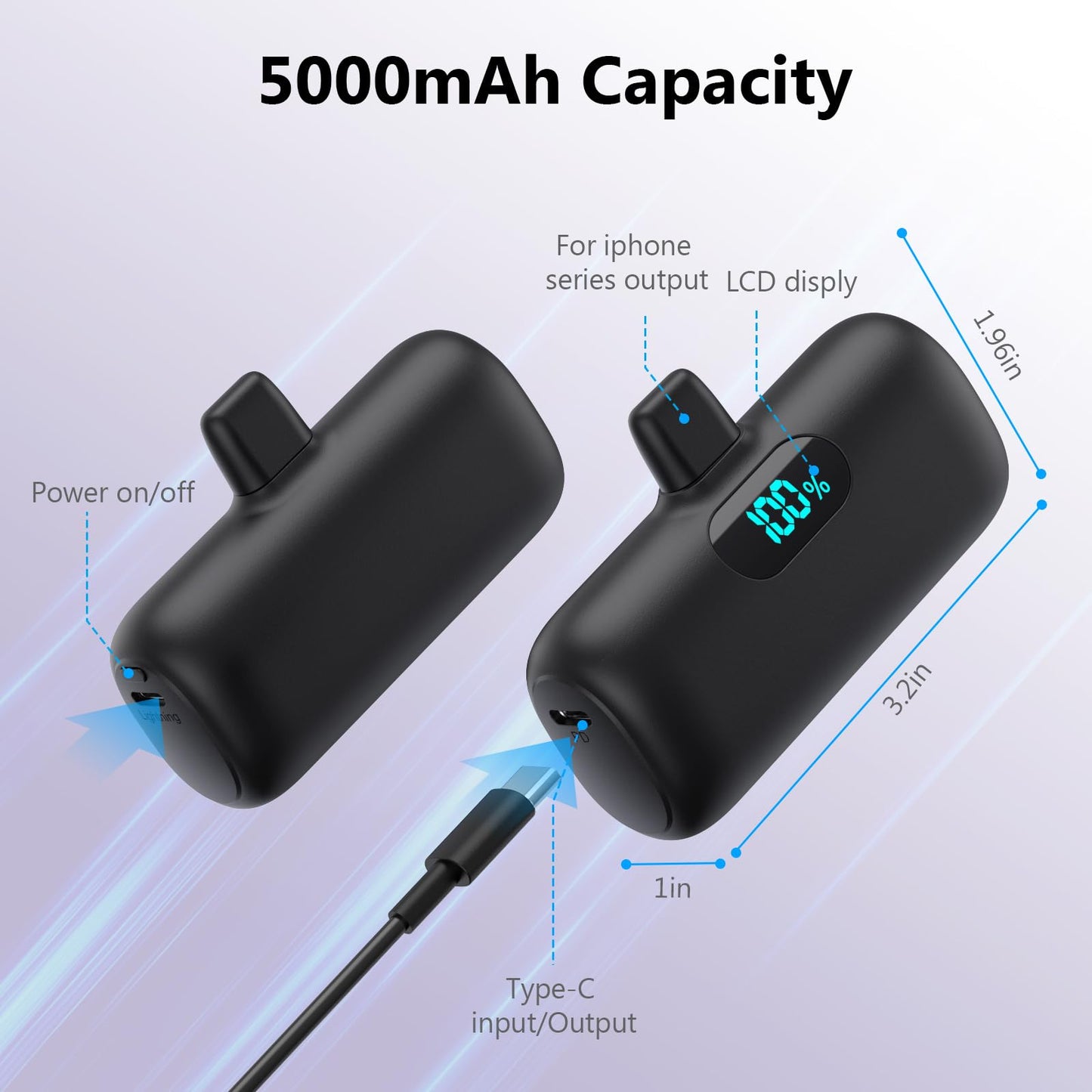Mini Portable Charger for iPhone,Upgraded 5000mAh PD Fast Charging Battery Pack,LCD Display Cute Power Bank Portable Phone Charger for iPhone 14/14 Pro Max/13/13 Pro/12 Pro/11/XS/XR/X/8/7/6-Black