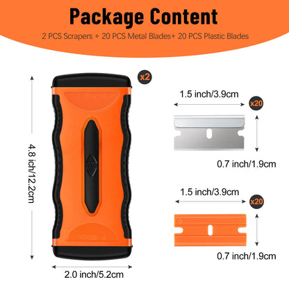DEKEones Razor Blade Scraper, 2 Pack 2-in-1 Retractable Double-ended Razor Scraper Tool with 20PCS Plastic and Metal Razor Blades, Multi-Purpose Scraping Tool for Cleanning Cooktop, Oven (Orange）
