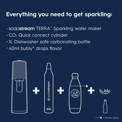 SodaStream - Terra Soda Streaming Machine - STARTER KIT - Sparkling Water Maker with CO2 & Bubly Drop - Eco-Friendly, No Batteries Needed - Black