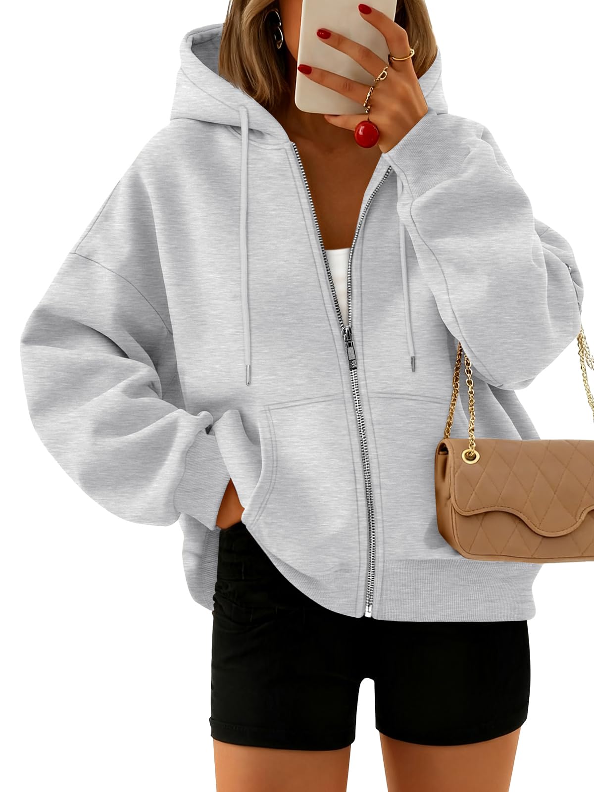 Trendy Queen Zip Up Hoodies For Women Oversized Sweatshirts Fall Fashion Outfits 2026 Cropped Pullover Sweaters Y2k Fleece Jackets Comfy Gym Tops Teen Girls Clothes Grey M
