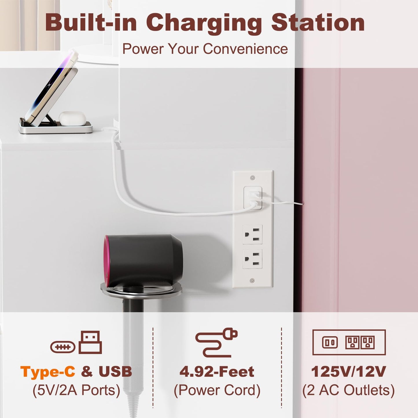 EasyCom Vanity Desk with Rotating Jewelry Organizers, Makeup Vanity with Mirror and Lights, Dressing Table with USB-C Charging Station, 3 Drawers and 2 Cabinets for Bedroom, Dressing Room, White