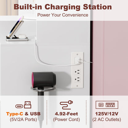 EasyCom Vanity Desk with Rotating Jewelry Organizers, Makeup Vanity with Mirror and Lights, Dressing Table with USB-C Charging Station, 3 Drawers and 2 Cabinets for Bedroom, Dressing Room, White