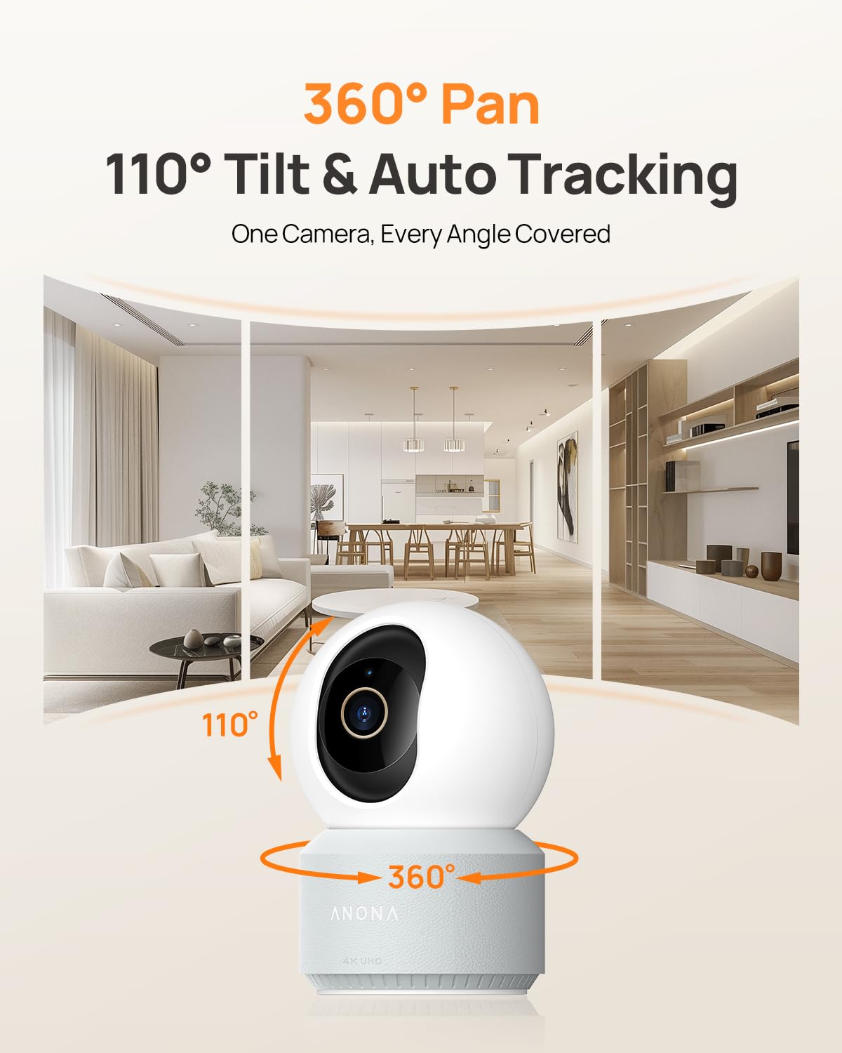 Anona Pano 4K UHD Indoor Camera, Pet/Dog/Baby Security Camera with Phone App, 360° Pan-Tilt, 2.4G/5G Dual-Band Wi-Fi 6, Auto-Tracking, Person/Pet/Baby Crying Detection, Privacy Mode, Two-Way Audio