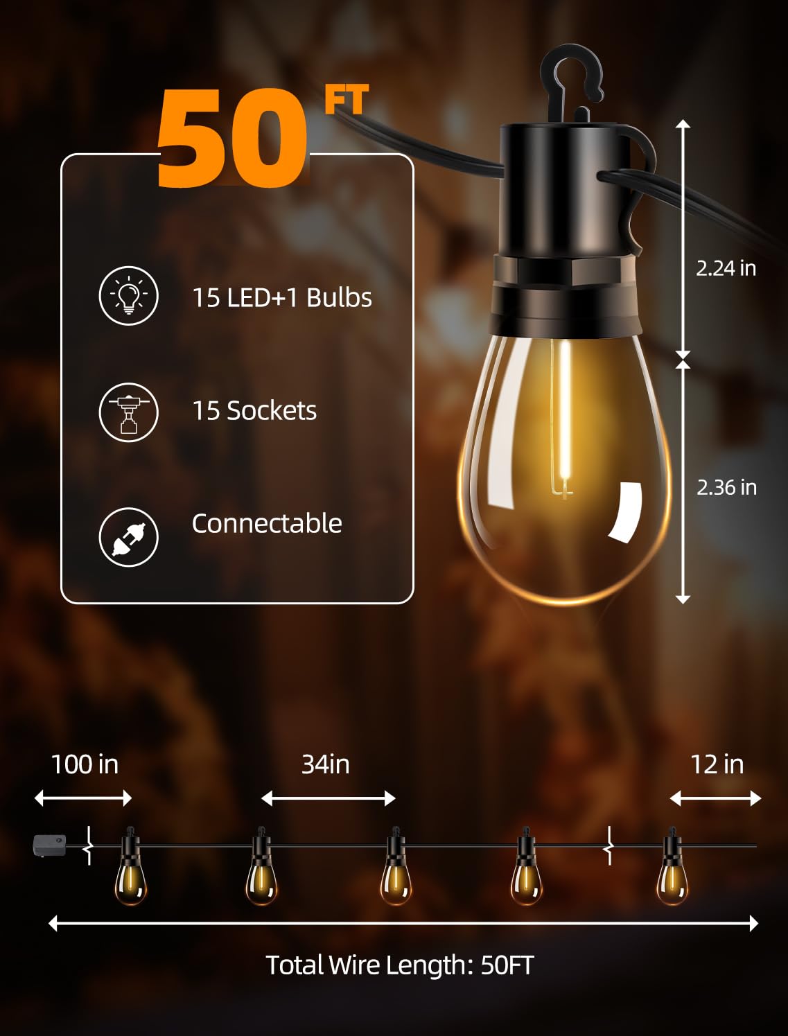 VOZUJI Outdoor Patio String Lights: S14 Shatterproof Bulb Outside Waterproof Light - 50Ft 15M Remote Dimmable Connectable Hanging Outdoor Electric Lighting - Garden Backyard Yard Gazebo Porch Party