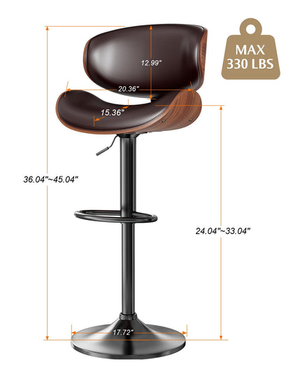 YaFiti Bar Stools Set of 4, Modern Pu Leather Swivel Adjustable Bar Stool Counter Height Stool Set, Bar Chair with Back and Footrest for Kitchen, Dining Room, Brown