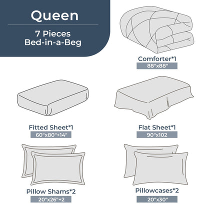 HEVUMYI 7 Pieces Queen Comforter Set, All Season Reversible Bed in a Bag Queen, Ultra Soft Queen Bedding Set with Grey Comforter, Flat Sheet, Fitted Sheet, Pillowcases, Pillow Shams, Dark Grey