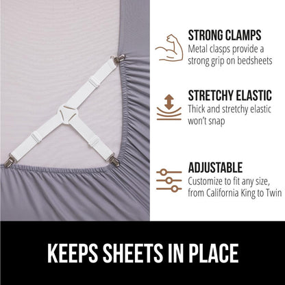 GORILLA GRIP Bed Sheet Straps, Adjustable Elastic Fasteners with Metal Clips, Keep in Place Fitted Bedding Holder, Easy Install Suspenders Mattress, Firm Tight Accessories, 4 Pack White
