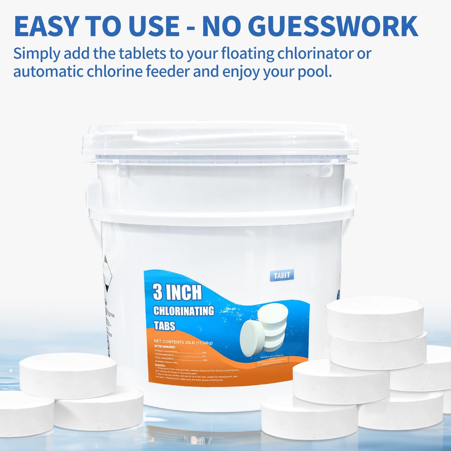 Chlorine Tablets 3 inch 25 Pounds, TABIT Swimming Pool Long Lasting Chlorinating Tablets, Slow Dissolving, Tri-Chlor for Swim Pool, Hot Tubs, Spa
