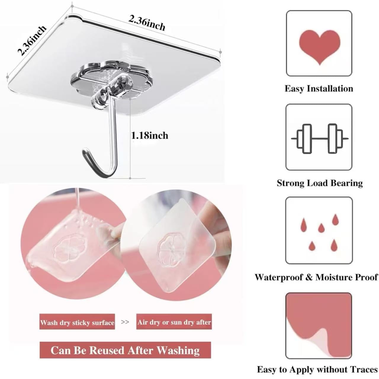 DDMY Heavy Duty Hook 24 Pack Self Adhesive Hooks for Hanging Wall Hooks Transparent Reusable Waterproof Adhesive Sticky Hook for Kitchen Curtain, Towel Bathroom,Coat Shower Door Utility No Damage