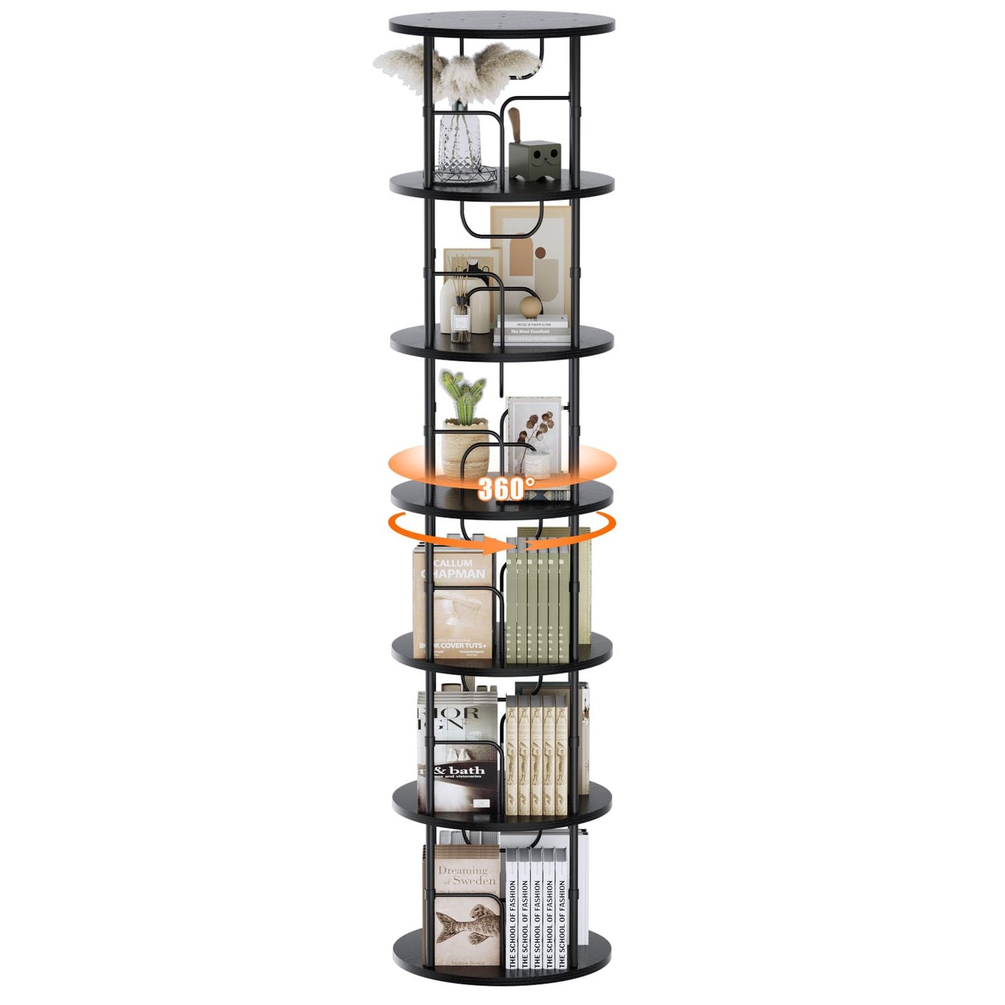 ALLSTAND 6 Tier Rotating Bookshelf, 360 ° Display Stackable Spinning Bookshelf Tower, Corner Bookshelf Tall Floor Standing Swivel Bookcase Narrow Storage Organizer for Bedroom, Living Room, Black