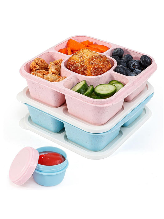 Original Lunchable Snack Containers - 5 Compartments Bento Snack Boxes with 1 Leakproof Small Containers, Wheat Straw, BPA-Free, Set of 2 (Green+Yellow)