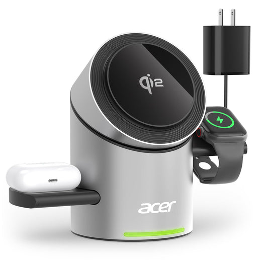 Acer 3 in 1 Charging Station for Apple - Qi2 15W iPhone Wireless Charging Station, Magsafe Charger Stand for iPhone 16 15 14 13 12 - Apple Watch - Airpods Series (Charger & USB-C Included)