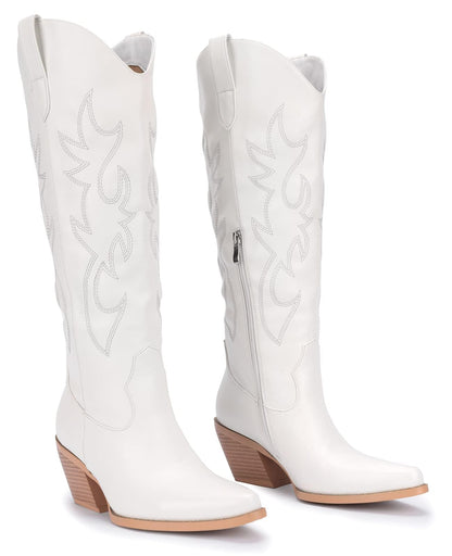 Pasuot White Cowboy Boots for Women - Wide Calf Cowgirl Knee High Western with Side Zip and Embroidered, Pointed Toe Chunky Heel Retro Classic Tall Cowboy Carter Boot Pull On for Ladies Fall Winter US 8