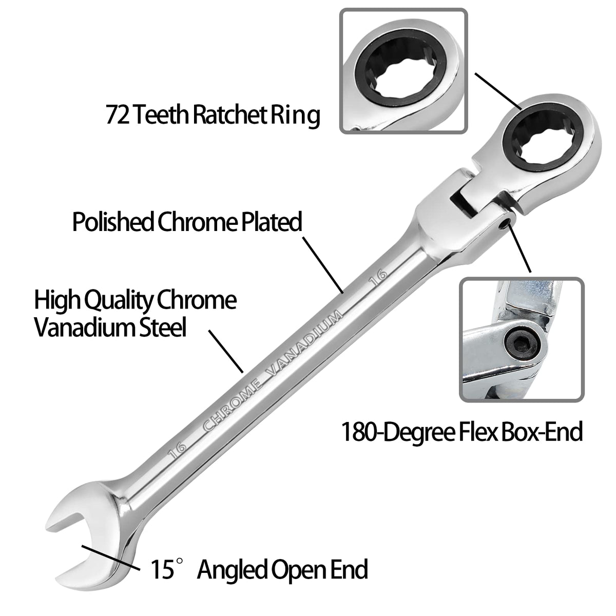 HARSKIYER 16mm Flex Head Ratchet Wrench, 12 Point Chrome Vanadium Steel Combination Spanner with 72 Tooth Ratcheting Gear, Metric Industrial Grade Tool for Automotive and Mechanical Maintenance