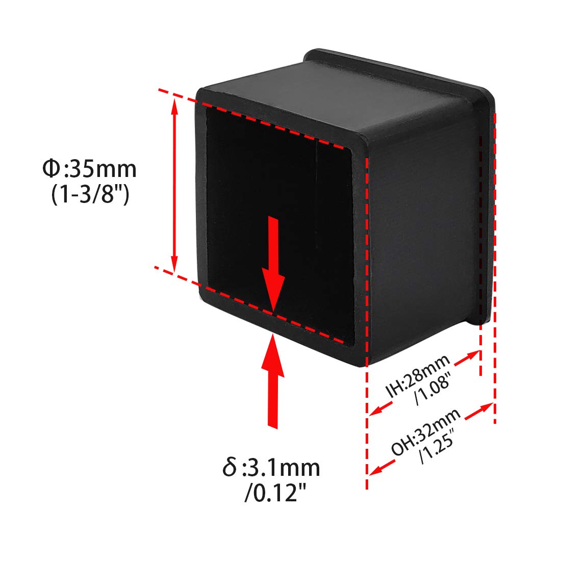 Flyshop Square Anti-Slip Rubber Leg Tips Chair Leg Caps Furniture Floor Protectors 1-3/8 Inch x 1-3/8 Inch (35 x 35mm) Black 10Pcs