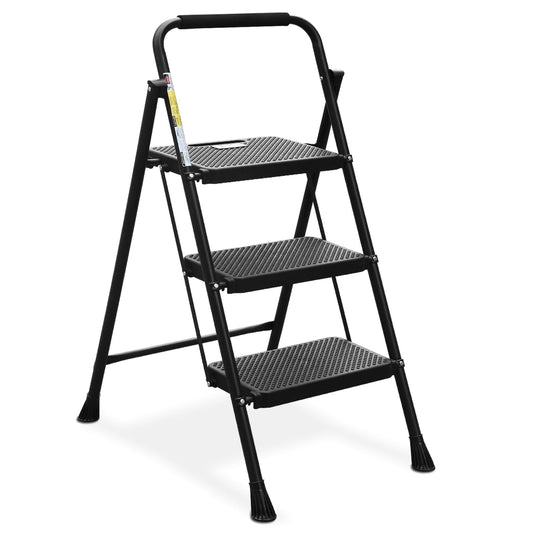 HBTower Step Ladder, Folding Step Stool with Wide Anti-Slip Pedal, Sturdy Steel Ladder, Convenient Handrail, Lightweight, Portable Steel Step Stool