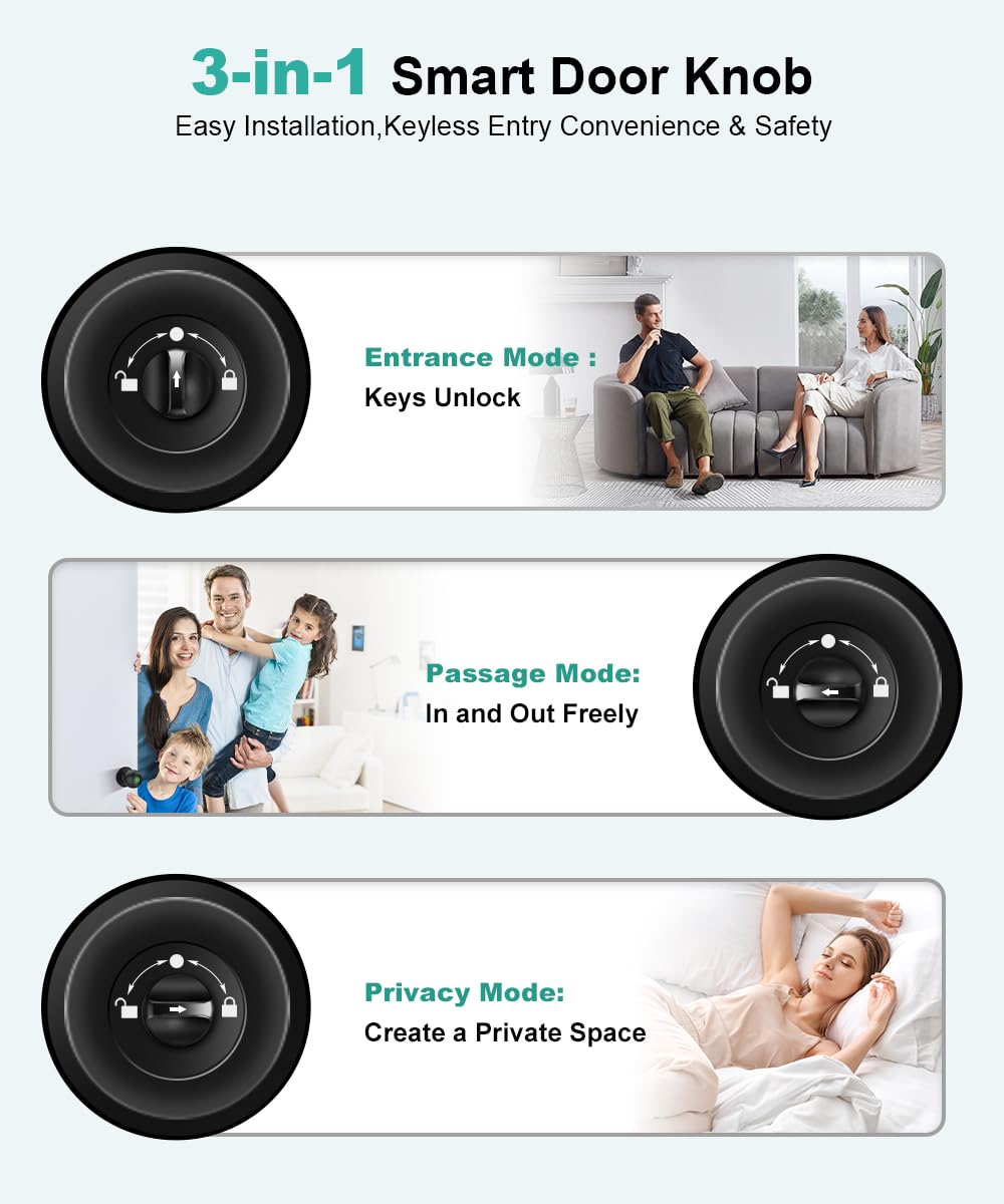 Fingerprint Door Lock, Smart Fingerprint Door Knob with Lock, Biometric Door knob with App Control & Key, Keyless Thumbprint Entry Door Lock for Bedroom, Front Door, Home, Apartment Office and Garages