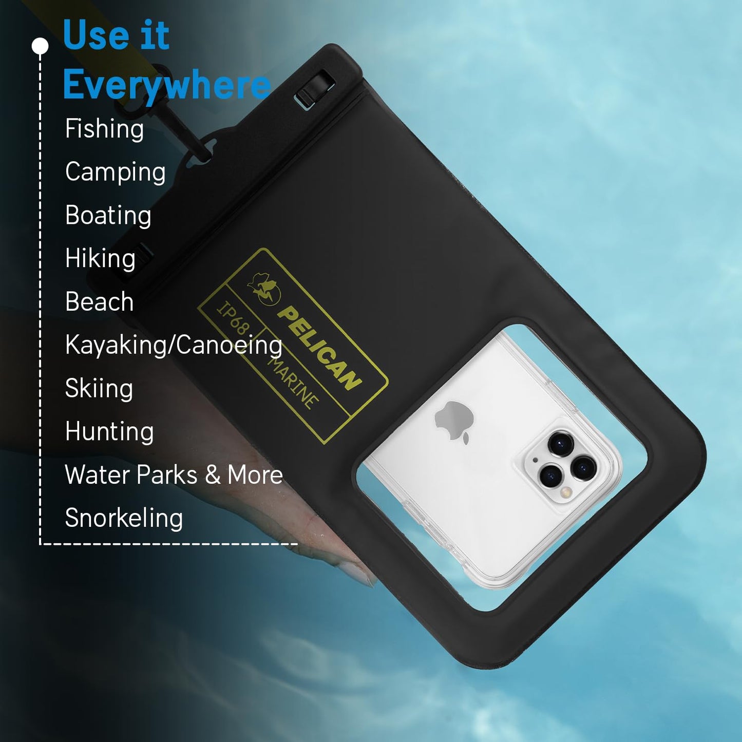 Pelican 2 Pack Marine - IP68 Waterproof Phone Pouch (XL Size) Floating Waterproof Phone Case - Beach Cruise Ship Travel Essentials - Works with All Phones - Detachable Lanyard - Black/Hi-Vis Yellow