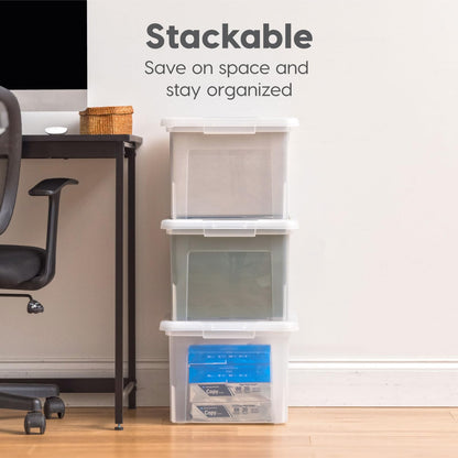 IRIS USA File Box, Plastic File Organizer with Lids for Letter/Legal File, Portable Document Box For Moving, Storage Bin with Durable and Secure Lid, Stackable Nestable BPA-Free, Clear 35 Qt. 4 Pack