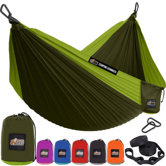 GORILLA GRIP Durable Camping Hammock with Heavy Duty Tree Straps, Portable Hammocks for Outside, Easy to Use Travel Swing Chair, Outdoor Camper Hiker Essentials, Backpacking Gear Gifts, Double, Green