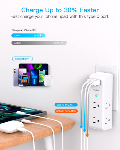 Surge Protector Outlet Extender with Rotating Plug, One Beat 6 AC Multi Plug Outlet with 3 USB Ports (1 USB C), 1800J Wall Charger, 3-Sided Power Strip Spaced Outlet Splitter for Home Office Travel