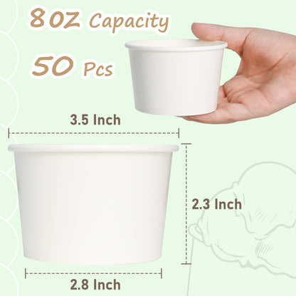 ESSENTIAL Paper Ice Cream Cups, 50pcs 8oz Disposable Dessert Bowls for Hot or Cold Food, Paper Snack Containers for Sundae, Frozen Yogurt, Soup (White)