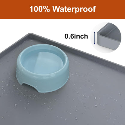 ukeetap 19” x 12” Extra Thick Waterproof Silicone Mat with Raised Edge, BPA Free Non-Slip Dog & Cat Food Mat, Feeding Mat for Food and Water Bowls, Spill Proof Mat to Protect Floors, Gray