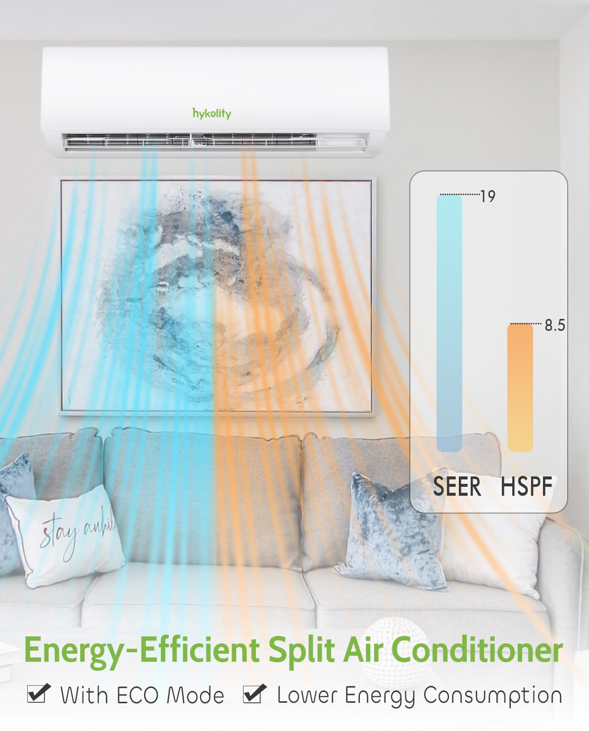 Wifi Enabled 9,000 BTU Mini Split Air Conditioner & Heater, 19 SEER2 115V Split AC Unit Ductless Inverter System with Heat Pump, Installation Kits - Cools Rooms up to 450 Sq.Ft