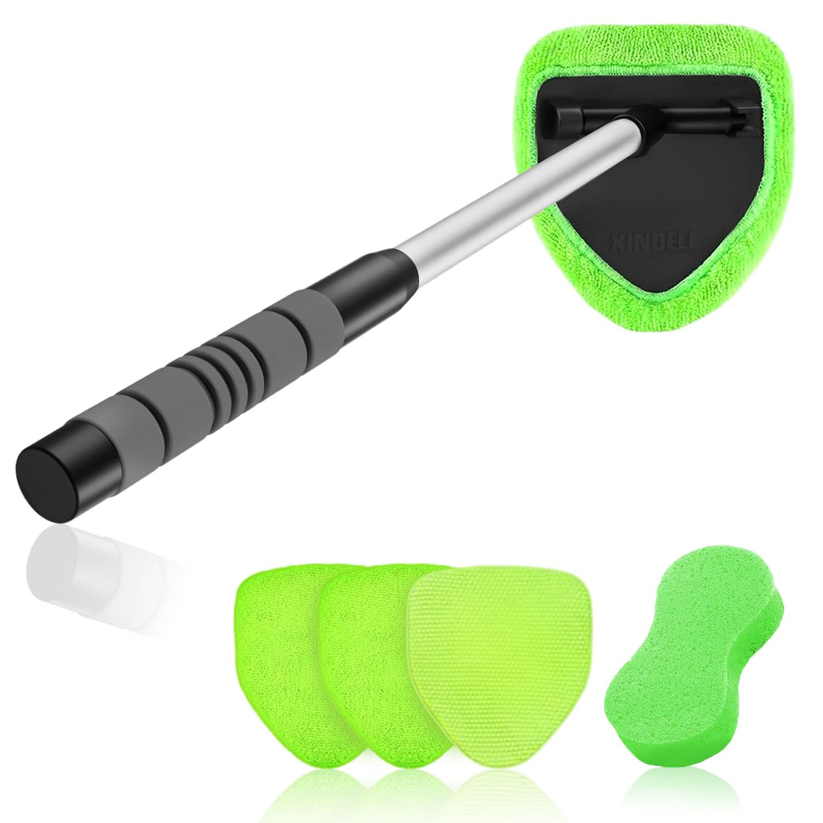 XINDELL Windshield Cleaner Tool – Upgrade Large Head Car Interior&Exterior Window Cleaning Kit with Extendable Handle & 4 Microfiber Pads, Auto Wiper Brush for Car, Trucks, SUVs, RVs & Home Windows