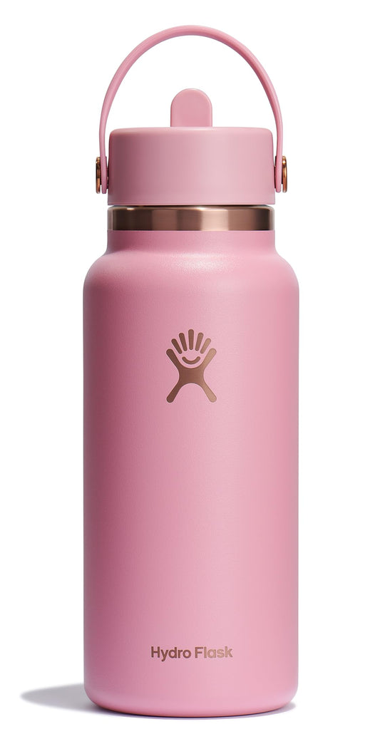 Hydro Flask Water Bottle - Insulated Stainless Steel - Wide Mouth Flex Straw Lid, Non Spill, Leakproof and Refillable in 32 Oz Pink Primrose Gold