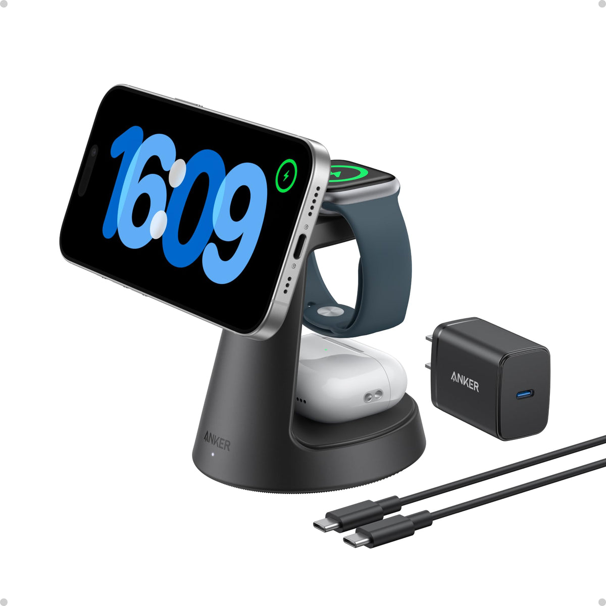 Anker MagSafe Charger Compatible, MagGo 3-in-1 Charging Station, Qi2 Certified 15W Magnetic Wireless Charger Dock Stand, For iPhone16/15/14/13/12 Series, Apple Watch,AirPods,and More(Adapter Included)
