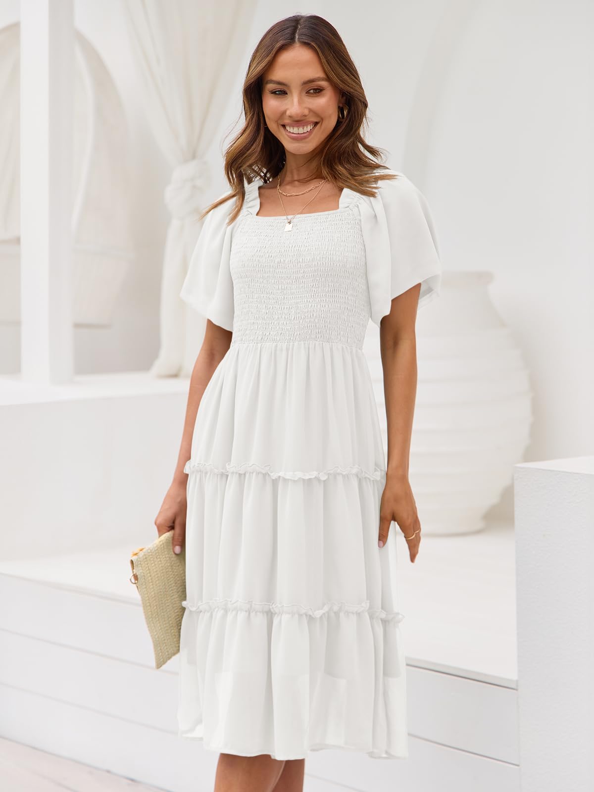 LILLUSORY Women Dresses Spring Summer 2026 Midi Graduation Bridal Baby Shower Casual Flowy Boho Sun Sundress Bridesmaid Brunch Cute Ladies Vacation Beach Smocked Teacher Clothes Outfits White XL