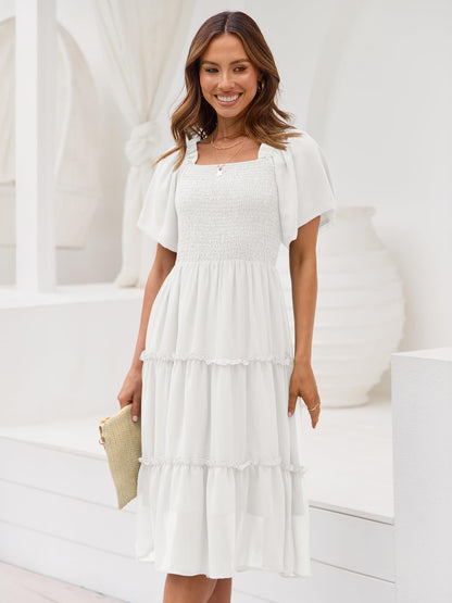 LILLUSORY Women Dresses Spring Summer 2026 Midi Graduation Bridal Baby Shower Casual Flowy Boho Sun Sundress Bridesmaid Brunch Cute Ladies Vacation Beach Smocked Teacher Clothes Outfits White XL