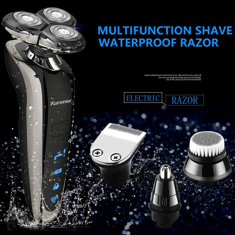 Kurener Electric Shaver Razor for Men Rechargeable 100% Waterproof Rotary for Shaving with Nose Trimmer Sideburns Trimmer Face Cleaning Brush