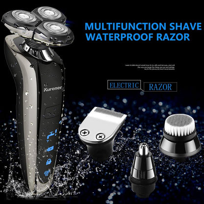 Kurener Electric Shaver Razor for Men Rechargeable 100% Waterproof Rotary for Shaving with Nose Trimmer Sideburns Trimmer Face Cleaning Brush