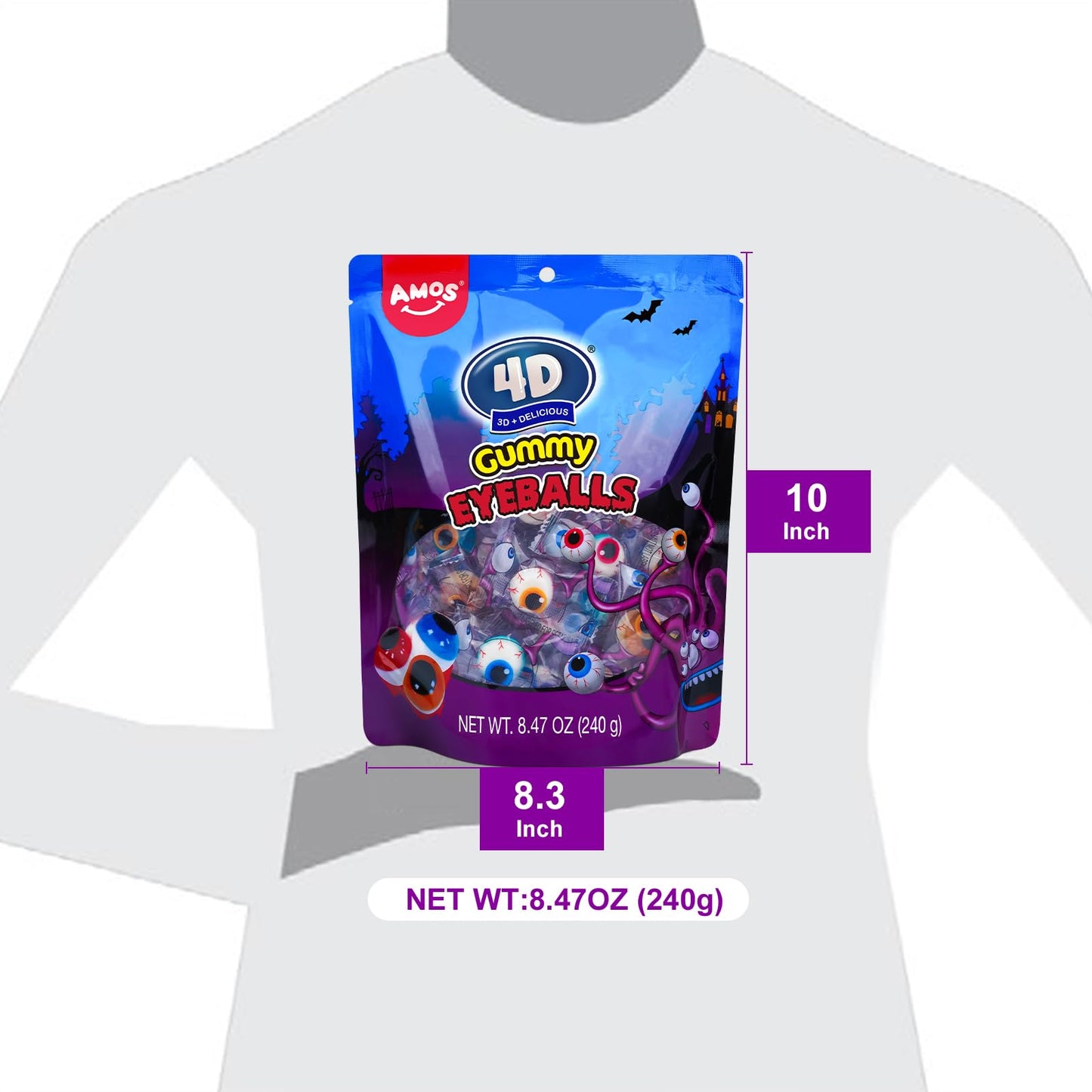 Amos Gummy Eyeball Halloween Candy Eye Candy Treats for Kids & Parties, 3D Gummy Eyeballs, Individually Wrapped,Sharing, 9oz Bag