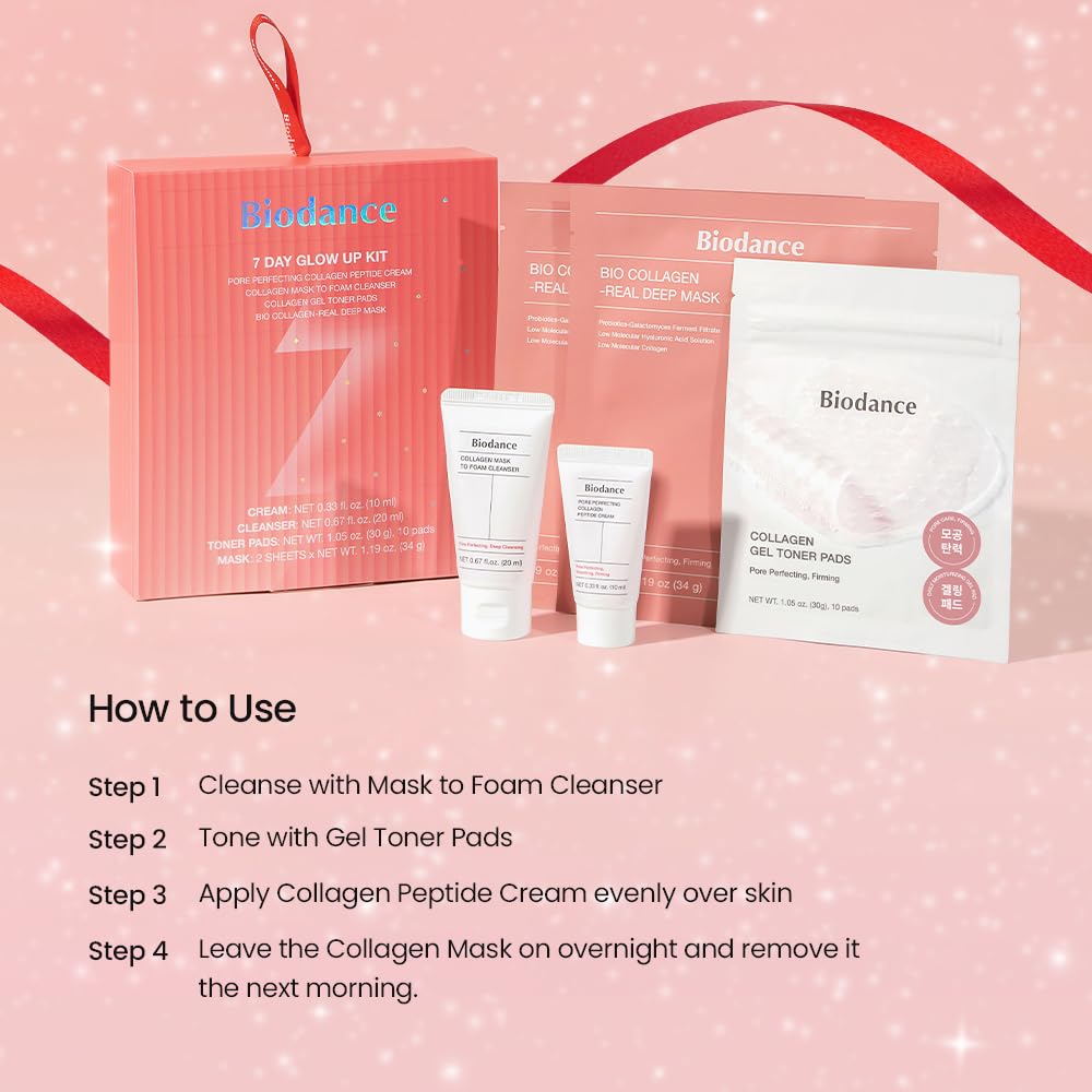 BIODANCE 7 Day Glow Up Kit: Holiday Collagen Gift Set for Glass-Skin, Christmas Gift, Stocking Stuffers for teen girls, Korean Skincare with Mask to Foam Cleanser, Toner Pads, Moisturizer, Gel Masks