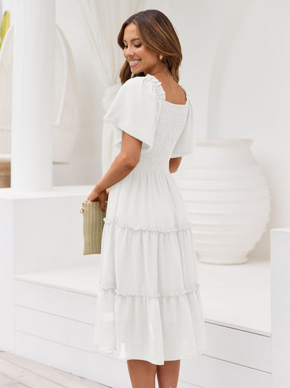 LILLUSORY Women Dresses Spring Summer 2026 Midi Graduation Bridal Baby Shower Casual Flowy Boho Sun Sundress Bridesmaid Brunch Cute Ladies Vacation Beach Smocked Teacher Clothes Outfits White XL